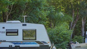 RV parked in lush green forest setting for outdoor adventure.