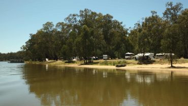 Riverside camping site with trees and tents along the water in Australia.