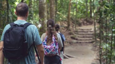 Family hiking in lush forest with children on trail.
