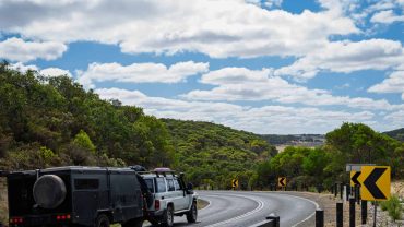 Road trip with caravans in scenic countryside, Australia.