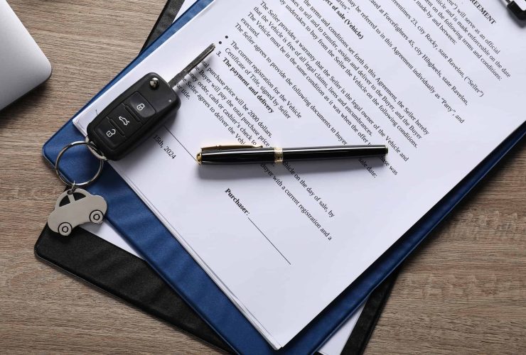 Close-up of a car key, pen, and signed documents on a wooden desk.